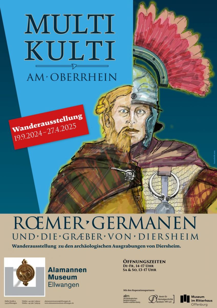 Das Plakatmotiv der Sonderausstellung zeigt einen Römer und einen Germanen – die Ausstellung stellt die Frage, wie bunt die Welt am Oberrhein unter dem Einfluss des römischen Militärs und den bunt zusammengewürfelten Soldatenheeren und föderierten germani